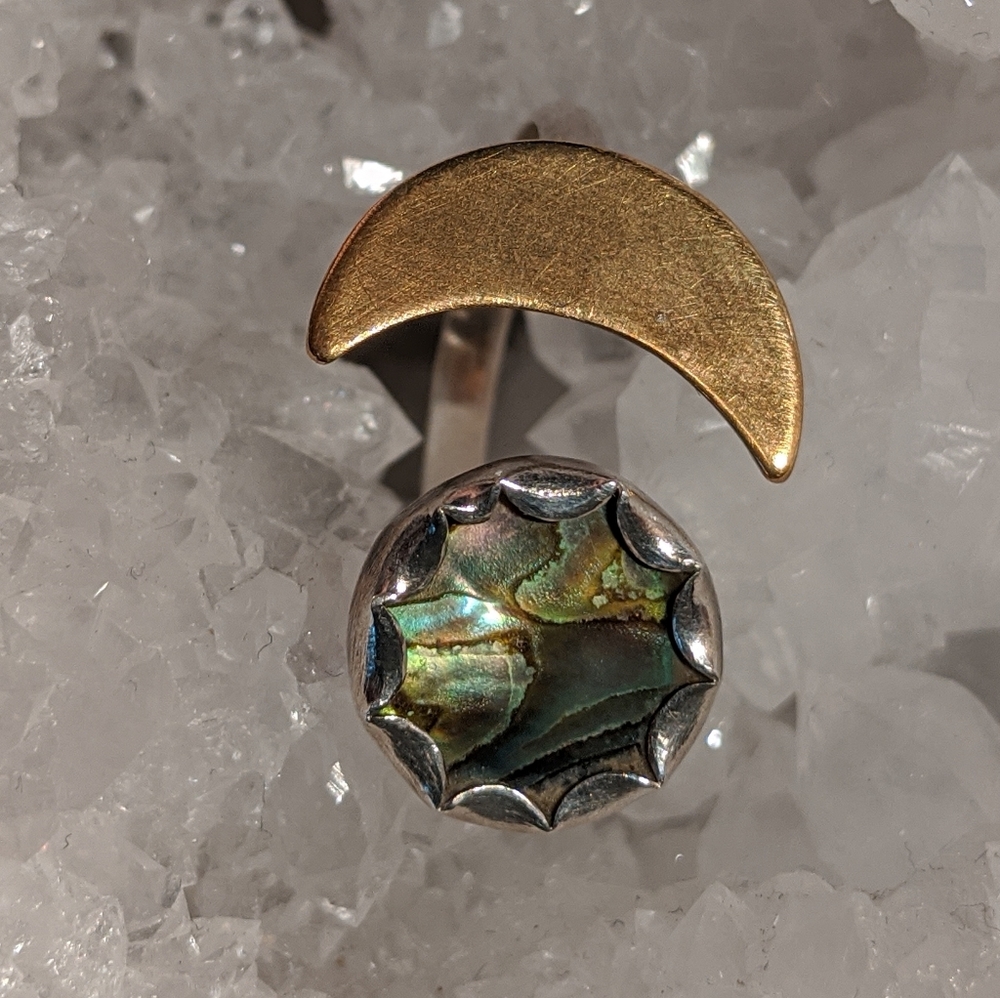 Adjustable abalone, sterling silver brass moon ring